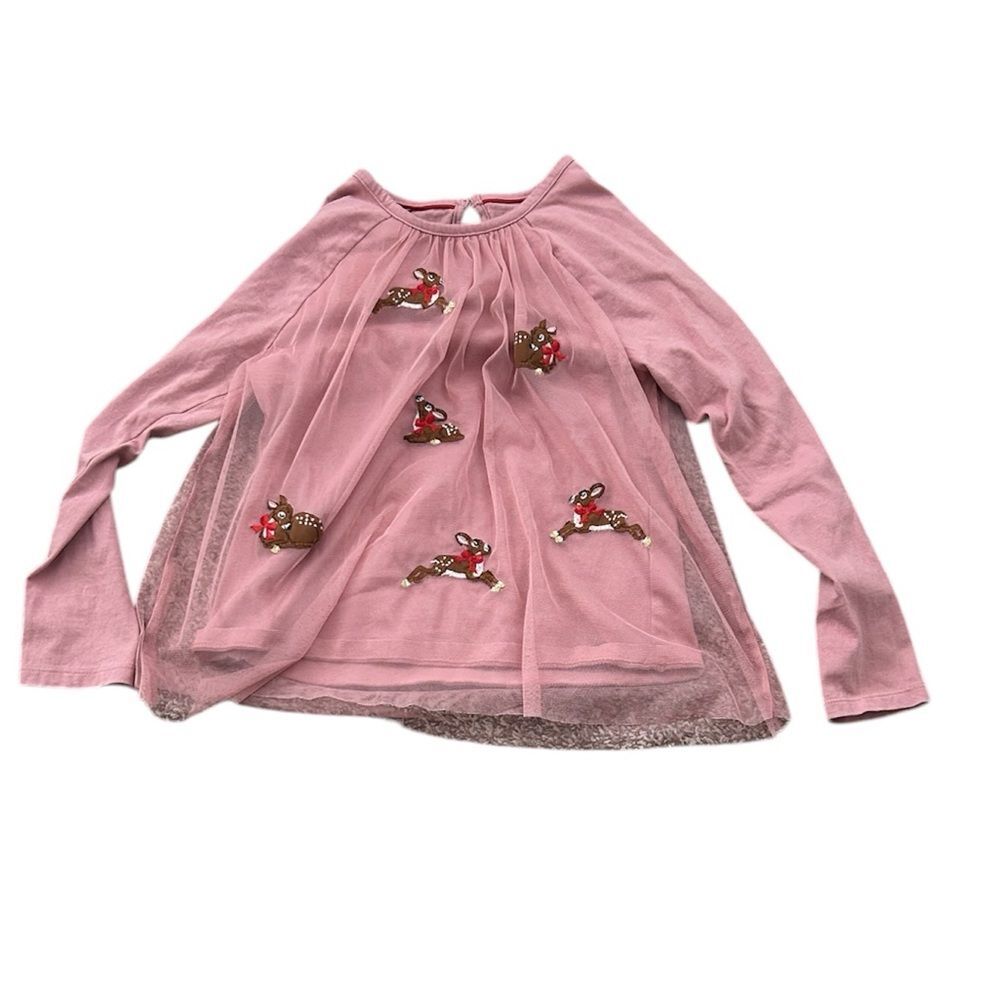 Mini Boden Girls' Pink Tulle Long-Sleeve Top with Reindeer Embroidery